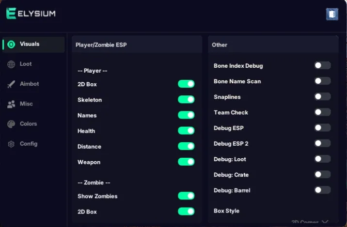 Hunger cheat Visuals tab: player ESP, zombie ESP, 2D box, skeleton, names, health, distance and weapon